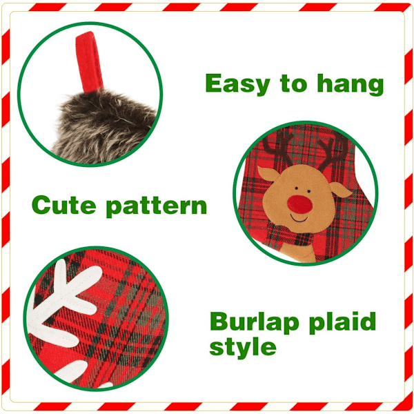 Julstrumpor, perfekt julklapp säckväv rutig stil 45 cm stor storlek med 3D-karaktärsdesign för glädjefull juldekoration (röd och svart, set med