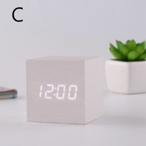 LED Digitalt Vækkeur Træ-look Bordur Natlys Termometer Snooze Vækkeur DE FP Sort White