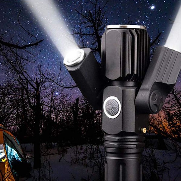 Bärbar Multifunktionell Ficklampa, Taktisk Ficklampa med Zoombar 3 Huvuden, 1000 Lumen Hög Ljusstyrka för Nödsituationer & Utomhusaktiviteter
