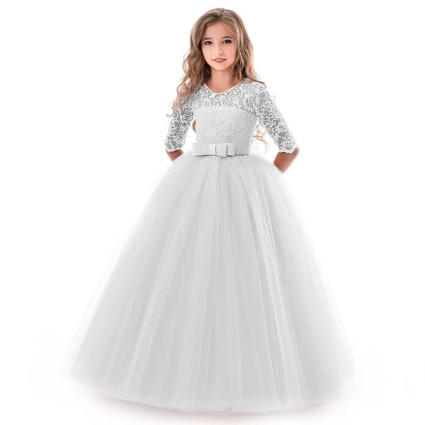 Blomsterflickaklänning med spets 3D-blomdetaljer, bröllopsklänning för småbarn, elegant prinsessinspirerad långärmad design med detaljerad kantning white 140cm