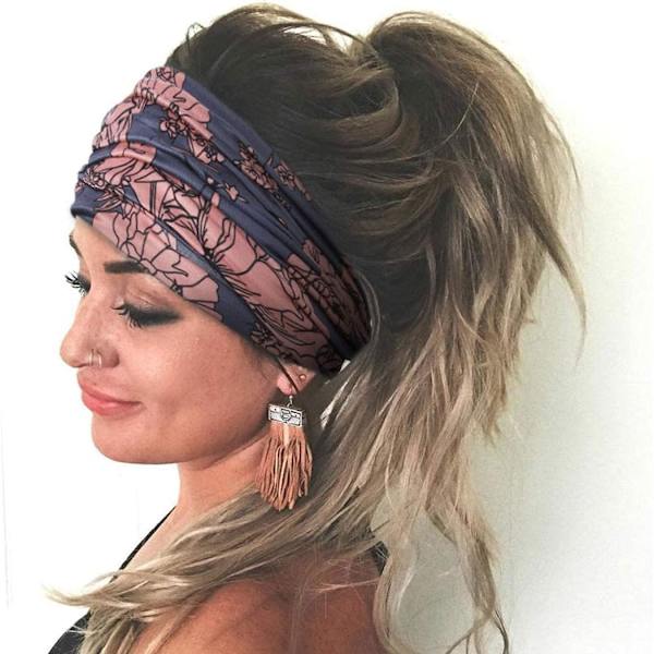 Boho Yoga Pandebånd Brede Elastiske Pandebånd Blå Hårbånd Blomst