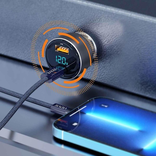 Bil-laddare med LED-display 2x (USB-A USB- C) Svart