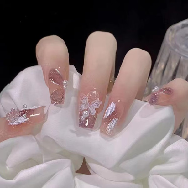 Långt tryck på naglar Glitter akrylnaglar med Butterfly Desig