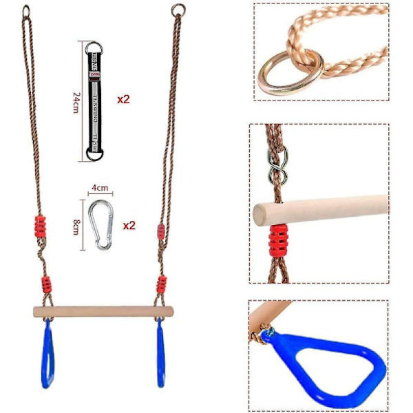 Trapets för gunga, trapets för gunga, trätrapets med ringar, trapets utomhus gunga för barn, trätrapets, utomhus trägunga för barn (A)