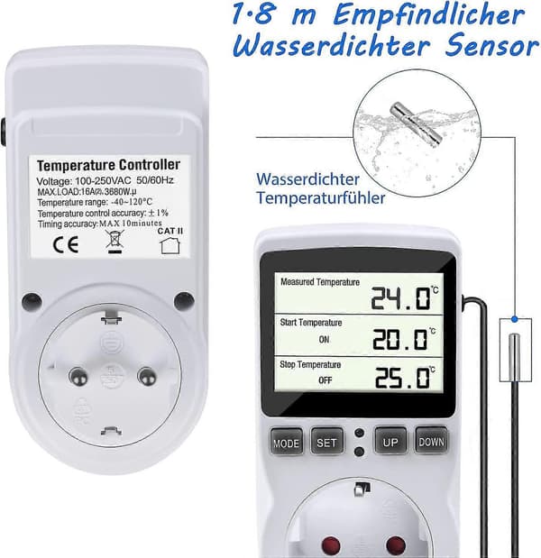 Termostat Sokkel med Sensor, Digital Timer Sokkel, Programmerbar Digital Timer, Varmetermostat Sokkel, Akvarium