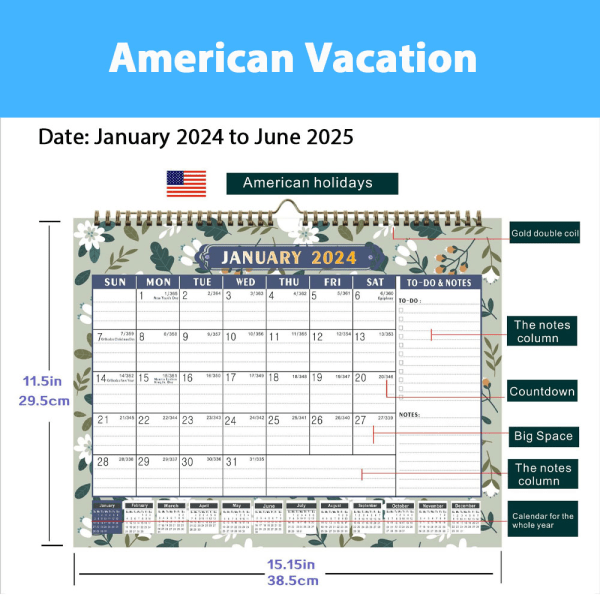 Kalender 2024-2025, Väggkalender, 18 Månader, Jan. 2024 - Jun. 2025, Detaljerade Planeringssektioner