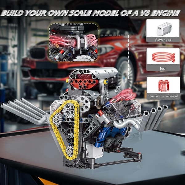 V8 Motor Model Kit med Smart App-styring, Synlige Stempler, USB-genopladelig Motor, 665 Dele STEM