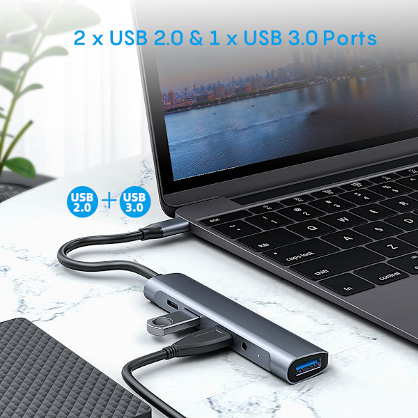 USB-C Hub Ethernet-adapter, 5-i-1-dock, USB-C-adapter med USB-C PD 60W, 3,5 mm ljud, 2 USB 2.0, USB 3.0, för MacBook Pro/Air M1, iPad Pro/Air, Surface