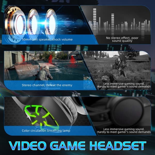 Gaming headset Blå LED-belysning Variabel hodebøyle