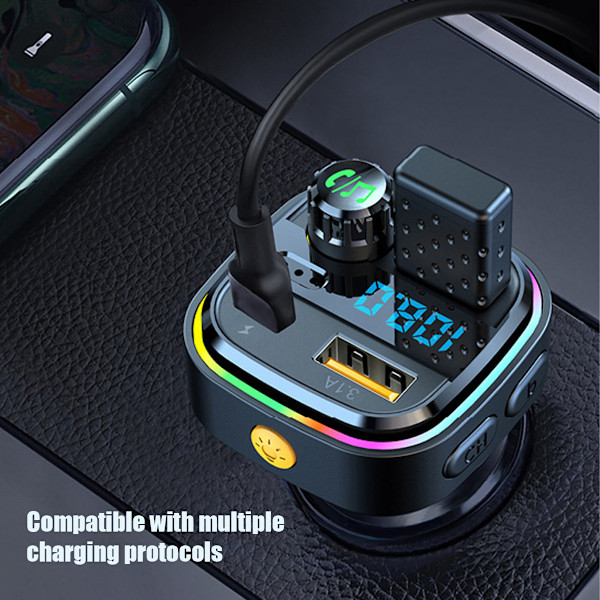 Bluetooth FM-sändare Billaddare för Säker Handsfree-samtal, LED Voltmeter Display Säkerställer Bilbatteriets Hälsa, 7-färgs LED-bakgrundsbelyst Bilradio