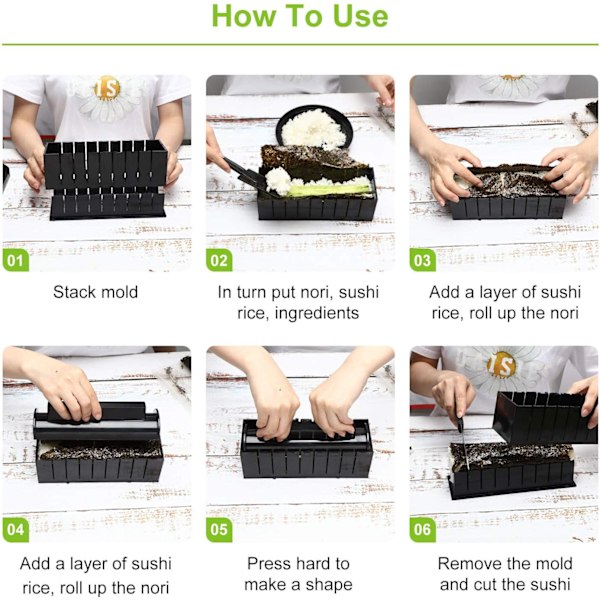 Sushi-set för nybörjare 10 delar Plast Sushi Maker Verktyg Komplett med 8 Sushi Ris Rullformar Formar Gaffel Spatel DIY Hem Sushi Verktyg