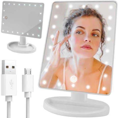 Stor Blomsterbroche 19 cm - Led Spejl - Justerbar - Hvid