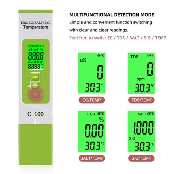 5 i 1 Digital Vannkvalitetstester Test TDS/EC/Salinitet/SG./Temp