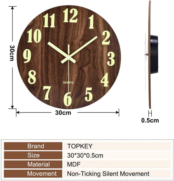 Lysande Väggklocka 30 cm Tyst Design Trä Nattlampa Rund