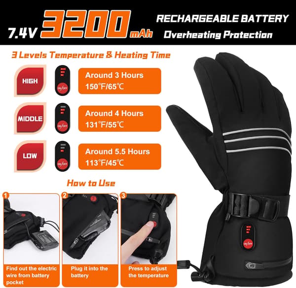 XL Uppvärmda Handskar - Uppladdningsbart 7.4V 3200mAH Batteri Elektrisk Hand