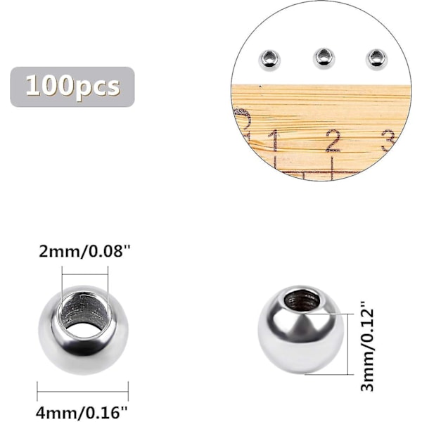 100 stycken små runda pärlor 2 mm små hål kul distanspärlor 4 mm diameter rostfritt stål pärla