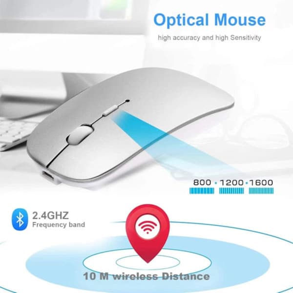 Bluetooth-mus for bærbar PC/iPad/iPhone/Mac (iOS 13.1.2 og nyere)/PC, oppladbar lydløs mini trådløs mus kompatibel med Android/Windows