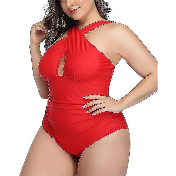 Dame Front Cross Plus Size Hel BadeDrakter Magekontroll BadeTøy-RedX-L DFA1650