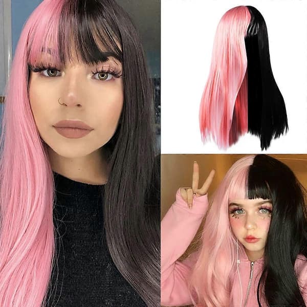Halvsvart Halvrosa Långa Raka Peruker Mode Syntetiska Hårperuker för Smink