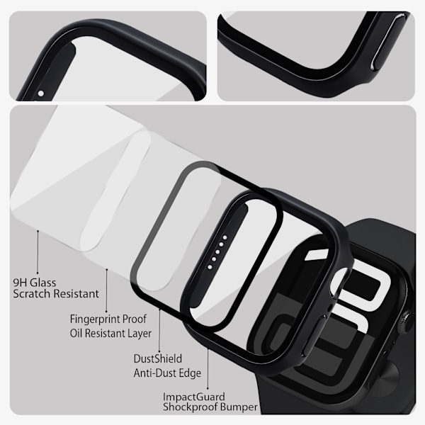 2-Pack Skyddsfodral med Inbyggt Skärmskydd för Apple Watch 40 mm storlek – Heltäckande Skydd med Härdat Glas, Enkel Installation (Svart)