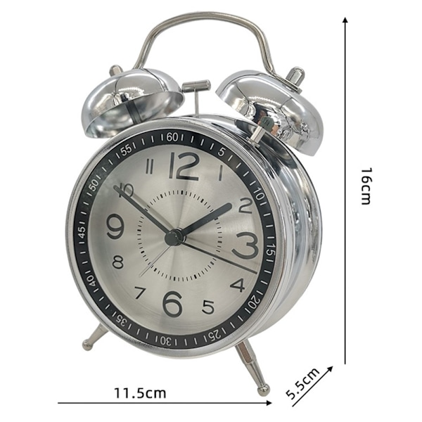 Retro Twin Bell Alarm Tyst Väckarklocka Silver