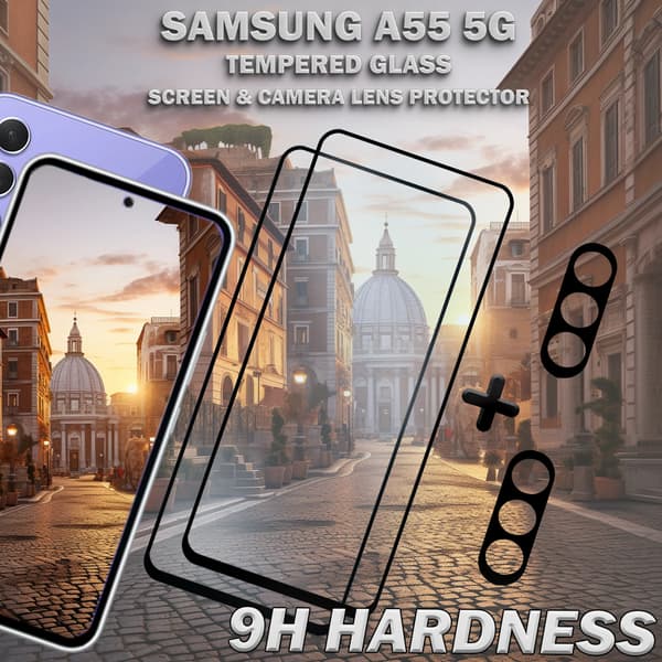 SAMSUNG A55 5G, skärmskydd, linsskydd, härdat glas 9H, superkvalitet 3D