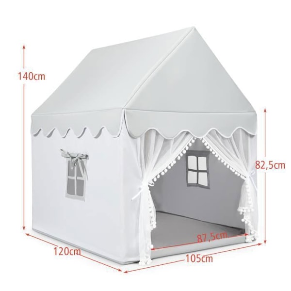 COSTWAY Lektält för barn - Tvättbar bomullsmatta - Ram av massivt trä - Fönster med gardiner - 120 x 105 x 140 cm - Grå Grå och vit