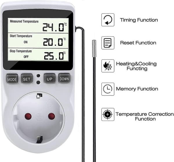 Termostat Sokkel med Sensor, Digital Timer Sokkel, Programmerbar Digital Timer, Varmetermostat Sokkel, Akvarium