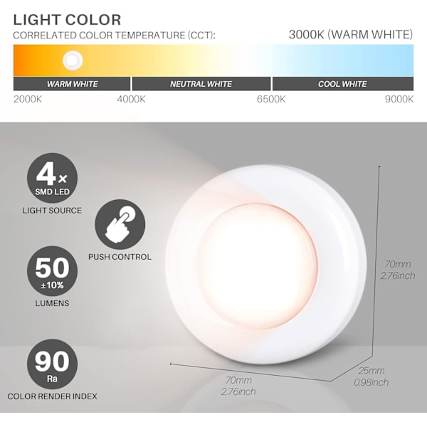 Mini Touch Press LED-spotlight för inomhus, bärbar, självhäftande bas, batteridriven, under skåp, varmvit, 5-pack