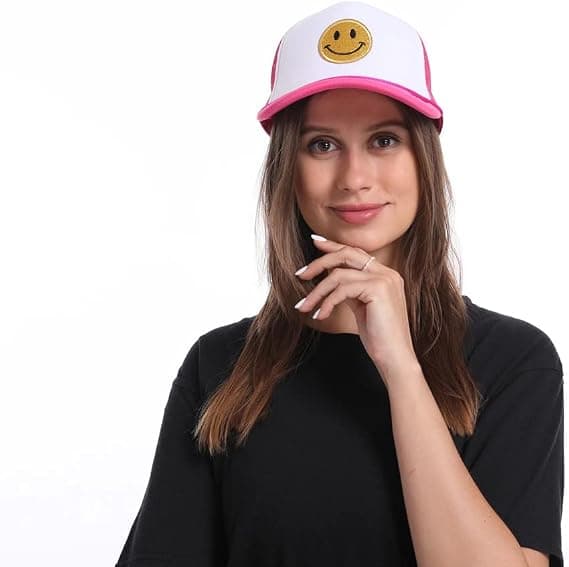Mode Smiley Ansikte Glitter Neon Tryck Hög Krona Skum Mesh Baksida