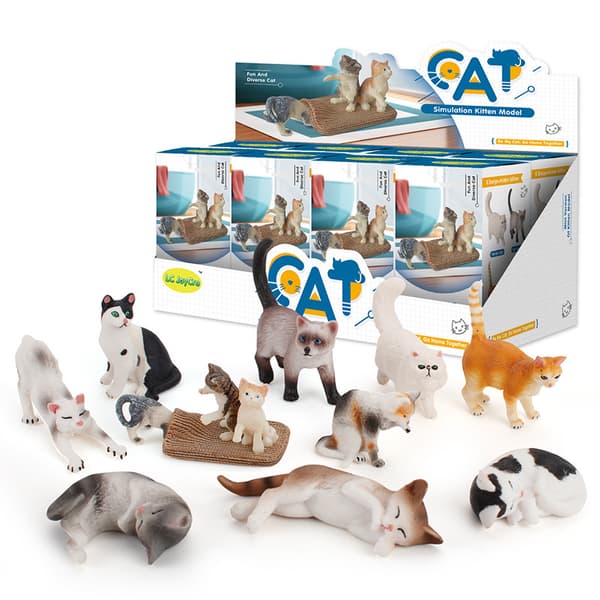 8-pack grå och orange kattfigurer, liten realistisk katt, utbildning