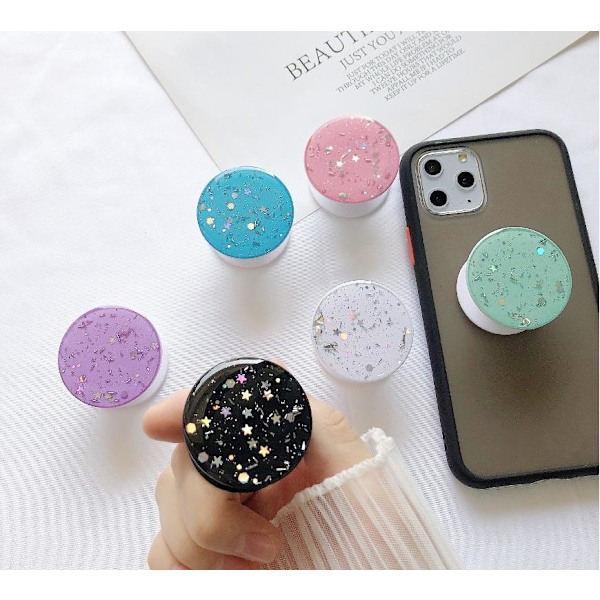 Round Glitter Mobilhållare / Mobilgrepp - Vit Vit