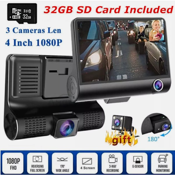 Trippel Dashcam, 1440P Dash-kamera med överlägsen WDR-teknik, 3-lins kamerasystem Full HD Fram & Bak Videobandspelare med Loop-inspelning för Bilar