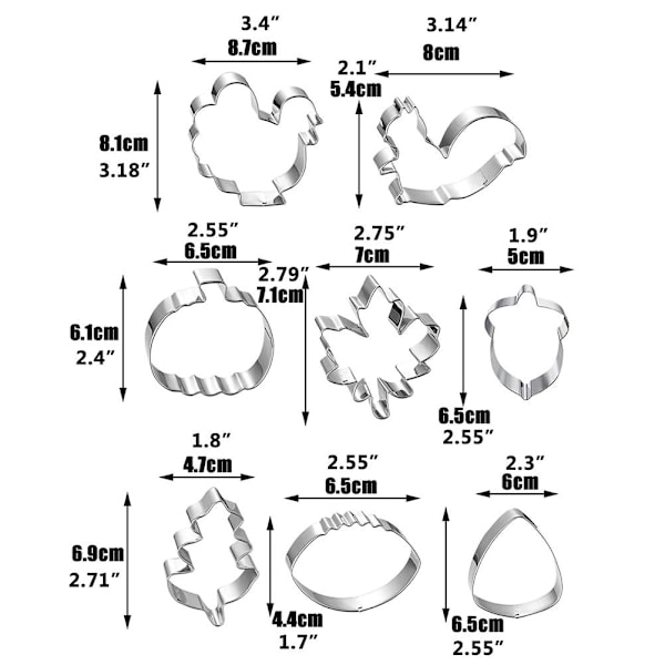 8 st. Kakformar i rostfritt stål för Thanksgiving - Kakformar för DIY-kakor, fudge och choklad