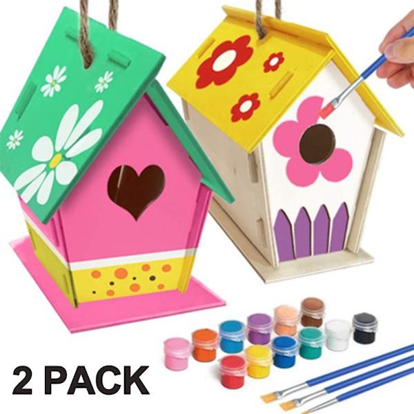 Hantverk för barn i åldern 4-8 år - Paket med DIY fågelholksats - Bygg och måla fågelholken (inklusive färger och penslar) Träkonst för flickor och pojkar