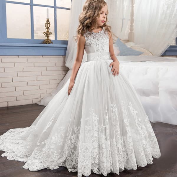 Lång tyllklänning för flickor, rygglös bröllopsbroderi golvlång tyll balklänning, elegant bröllopsklänning för barn med hög midja White 160cm