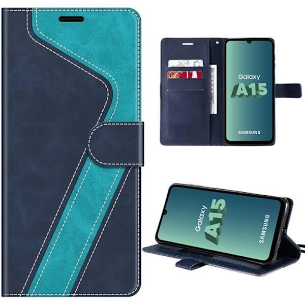 Fodral för Samsung Galaxy A15 5G-4G, stötsäker lädereffekt med korthållare och stöd, stiliserat blått mönster Blå