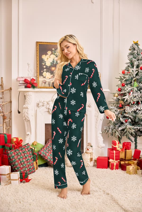 Julpyjamasset för dam, långärmad tröja, långbyxor, vardagspyjamas, perfekt för julen—Grön—Storlek S Green S