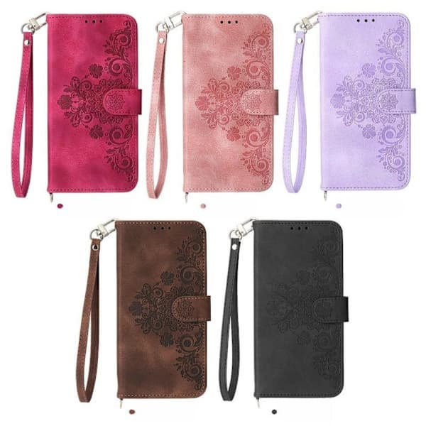 (For Samsung S10) Embossed Leather Phone Case with Lanyard, Multiple Card Slots, Black Brun