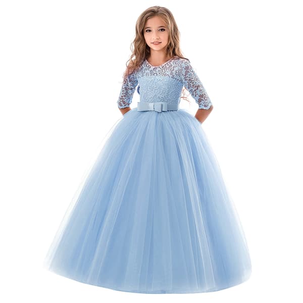 Blomsterflickaklänning med spets 3D-blomdetaljer, bröllopsklänning för småbarn, elegant prinsessinspirerad långärmad design med detaljerad kantning white 140cm