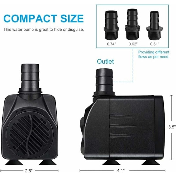 Nedsänkbar vattenpump, 65W 3000L/H Mini Akvariumpump, Justerbar Fontänpump för Dammfontän Fiskdamm med 3 Munstycken, 3m Sladd (Ljud 20 till 30