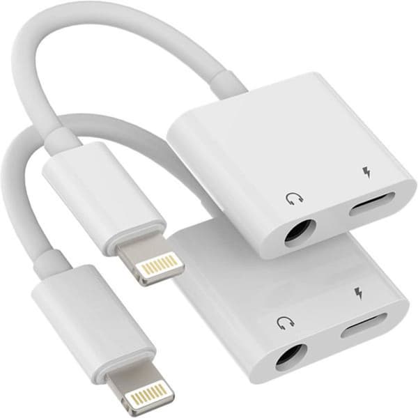 Lightning til 3,5 mm Splitter 2i1 (2-pak) Oplader Lydkabelstik iPhone AUX Adapter til Hovedtelefonstik Donglekabel