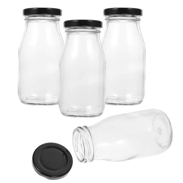 4 st mjölkbehållare för kylskåp, mjölkkannor, glasflaskor med lock, 200 ml