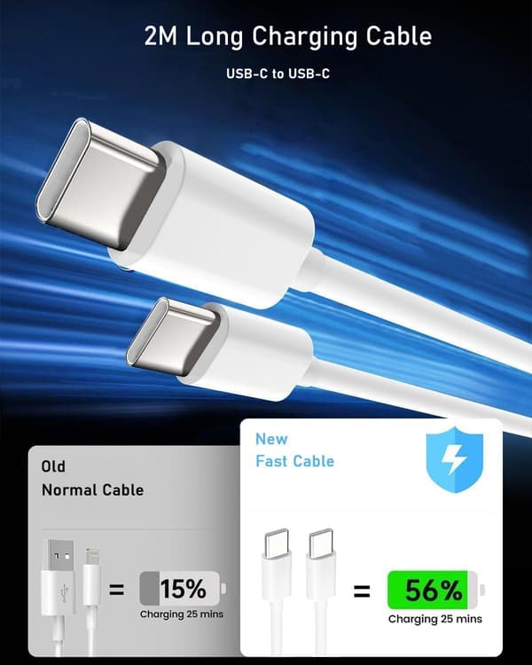 USB-C-lader 20W + 2m kabel, kompatibel med iPhone 15/16/17 og Samsung