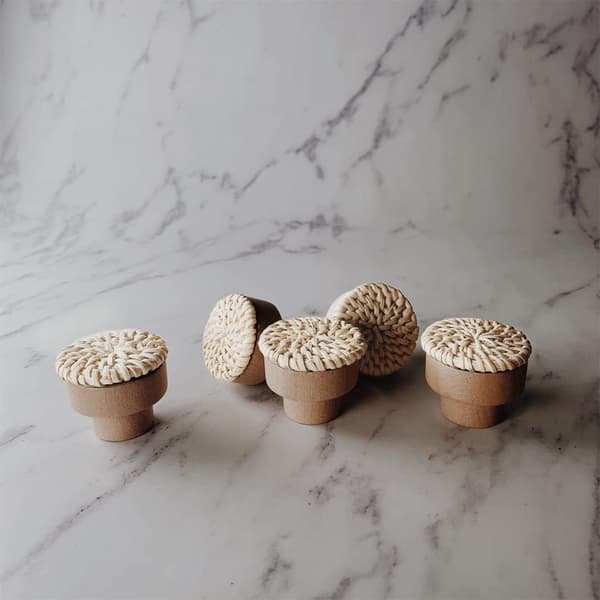 6 Boho Rattan-knapper til kommode, skuffer, skap; Håndlaget Boho