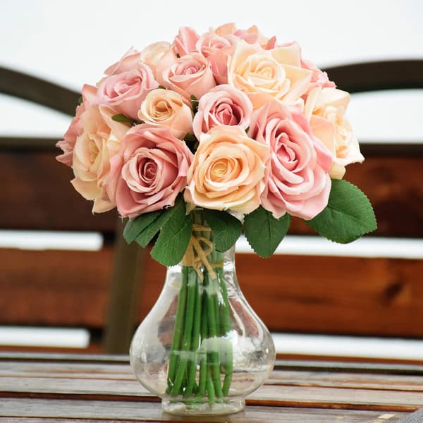 Rosa, kunstig rose, falsk silkerosebukett, bryllupsblomstdekorasjon