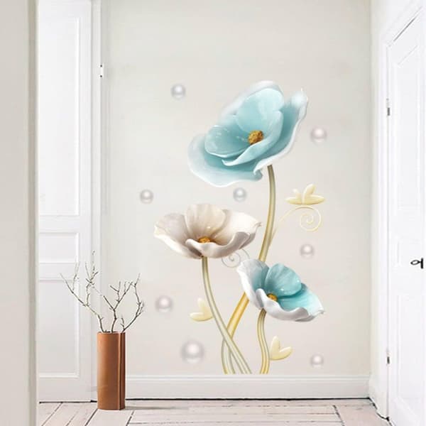 Blå Blomväggdekal, Fjärilsblomdekal, Skala och Fäst M