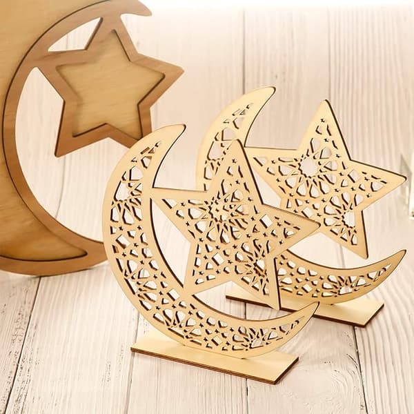 Set med 2 trä Ramadan-prydnader Träbordsdekoration Måne St