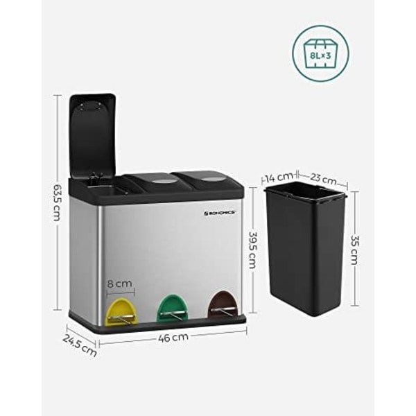 SONGMICS återvinningskärl, 3-i-1 pedalkorg, 24-liters metallsoptunna, stål, silver