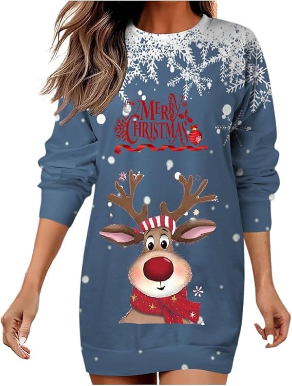 Jule-sweatshirtkjole til kvinder med rund hals og lange ærmer, 3D-digitalt print pullover - Blå - Størrelse 3XL Blue 3XL